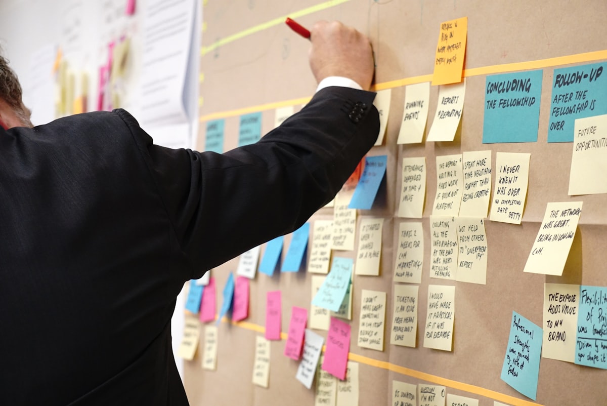 Sticky notes clustered on a corkboard after a research session