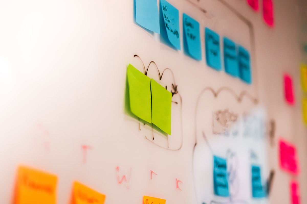 A wall covered in colourful research sticky notes