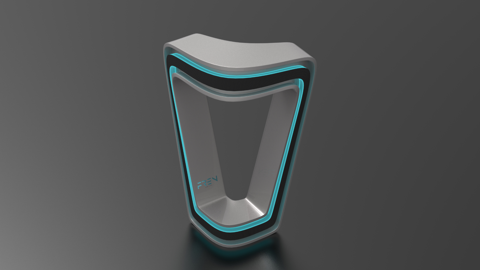 The Fren lamp seen head on, cyan light channel tracing the inside of the archway