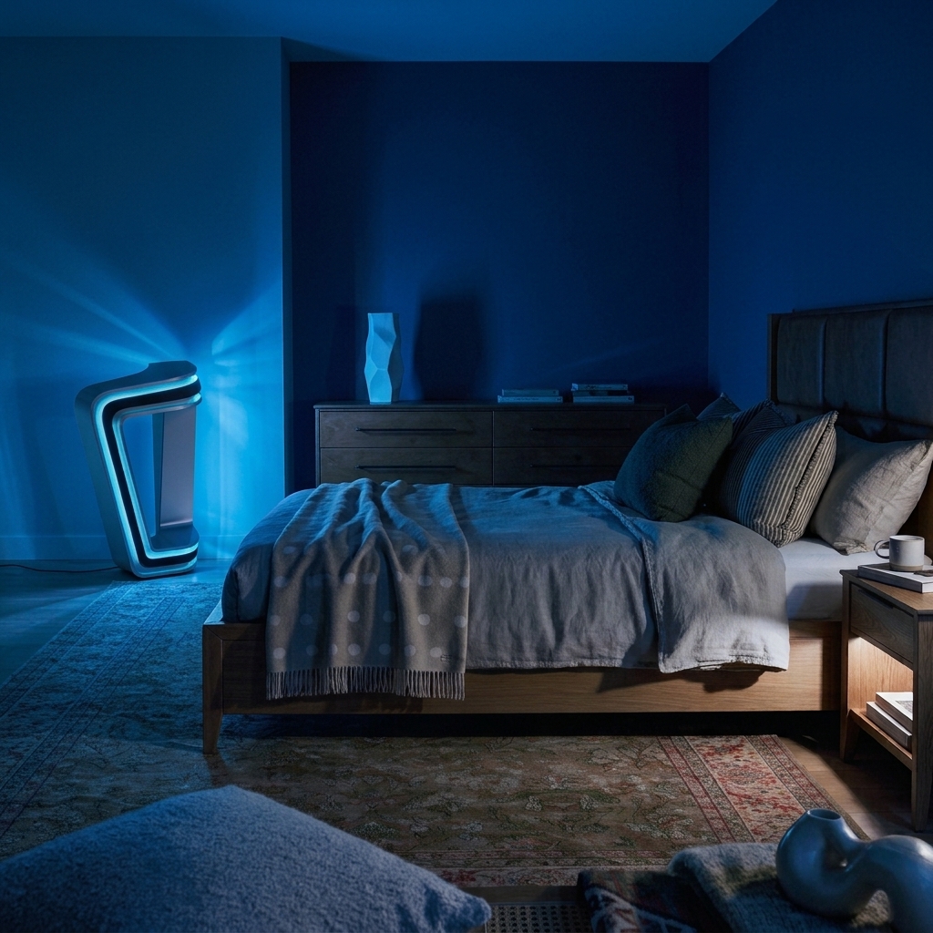 The lamp glowing blue in a dark bedroom, washing the wall beside the bed