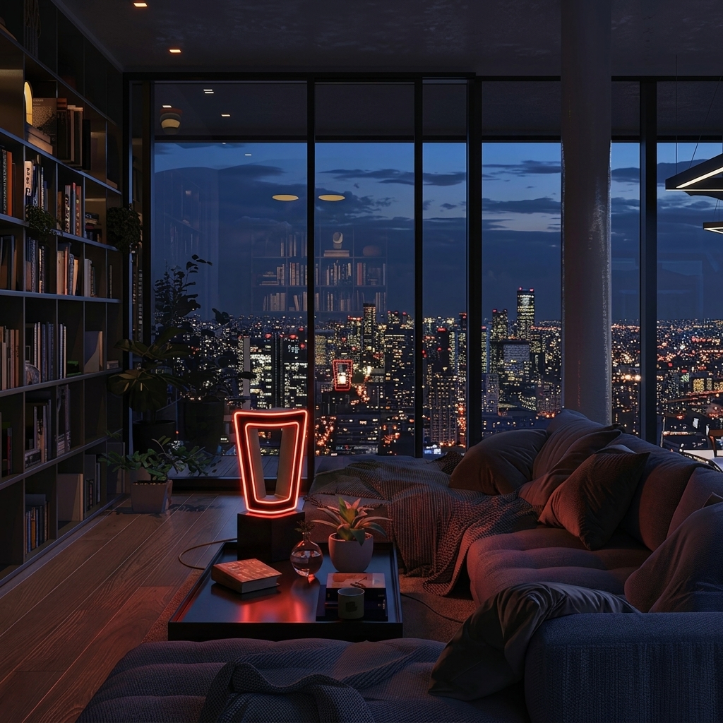 The lamp lit red on a low table in a city apartment at night