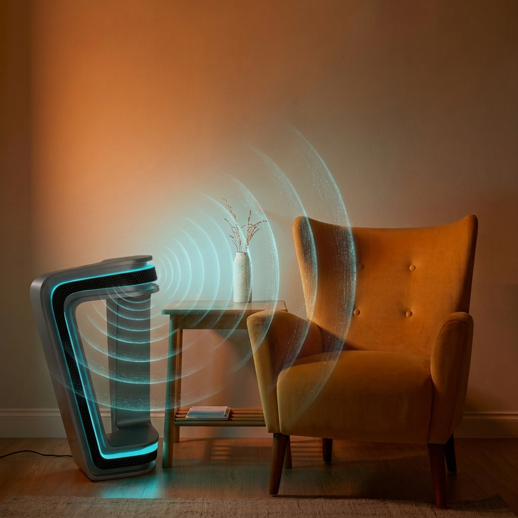 The Fren lamp beside an armchair, cyan light and visualised sound waves crossing the room