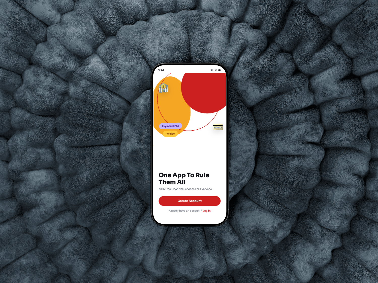An iPhone on a dark textured surface showing the prototype's welcome screen: One App To Rule Them All