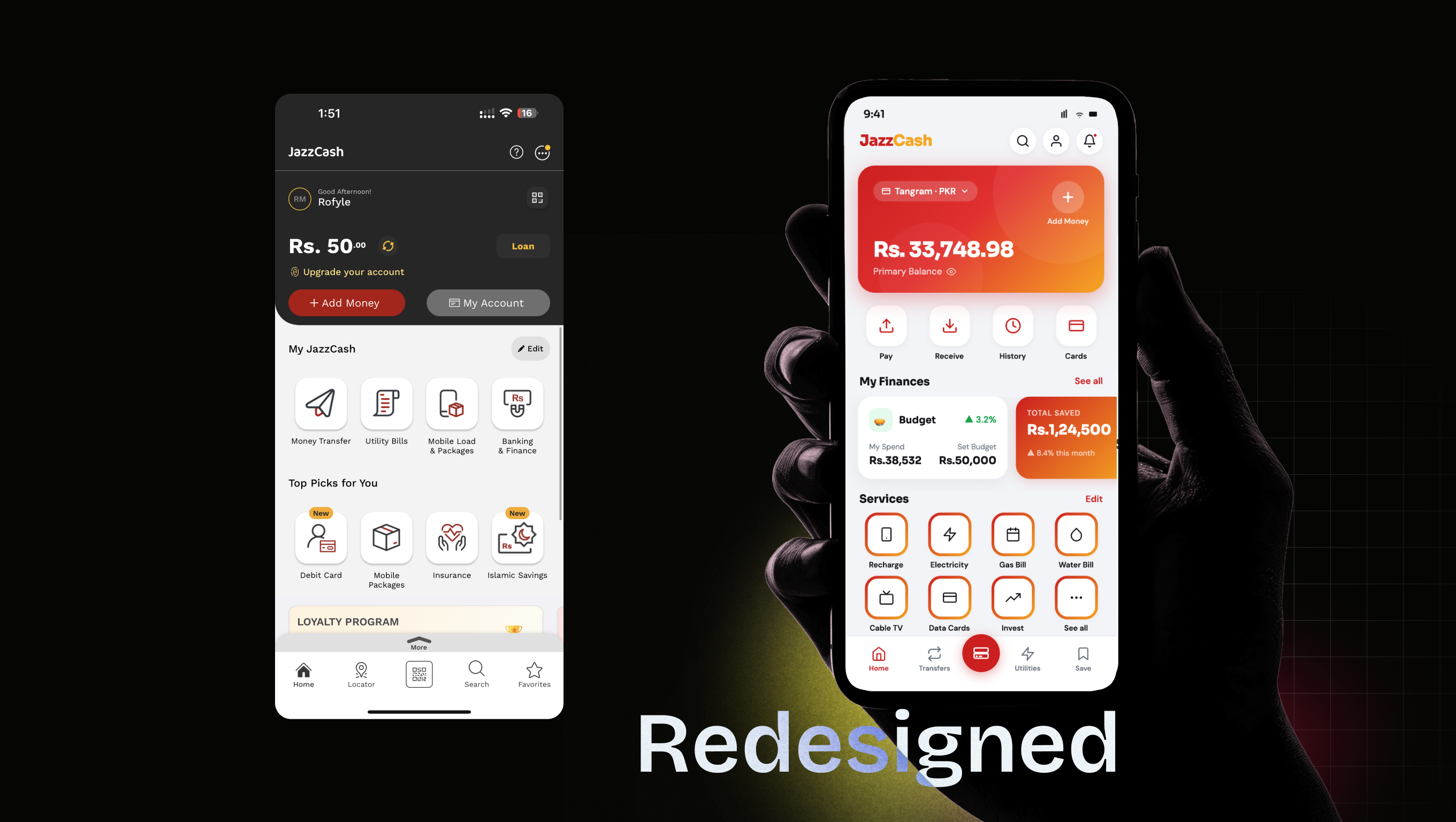 The current JazzCash home screen beside the redesigned home screen from the prototype, under the word Redesigned