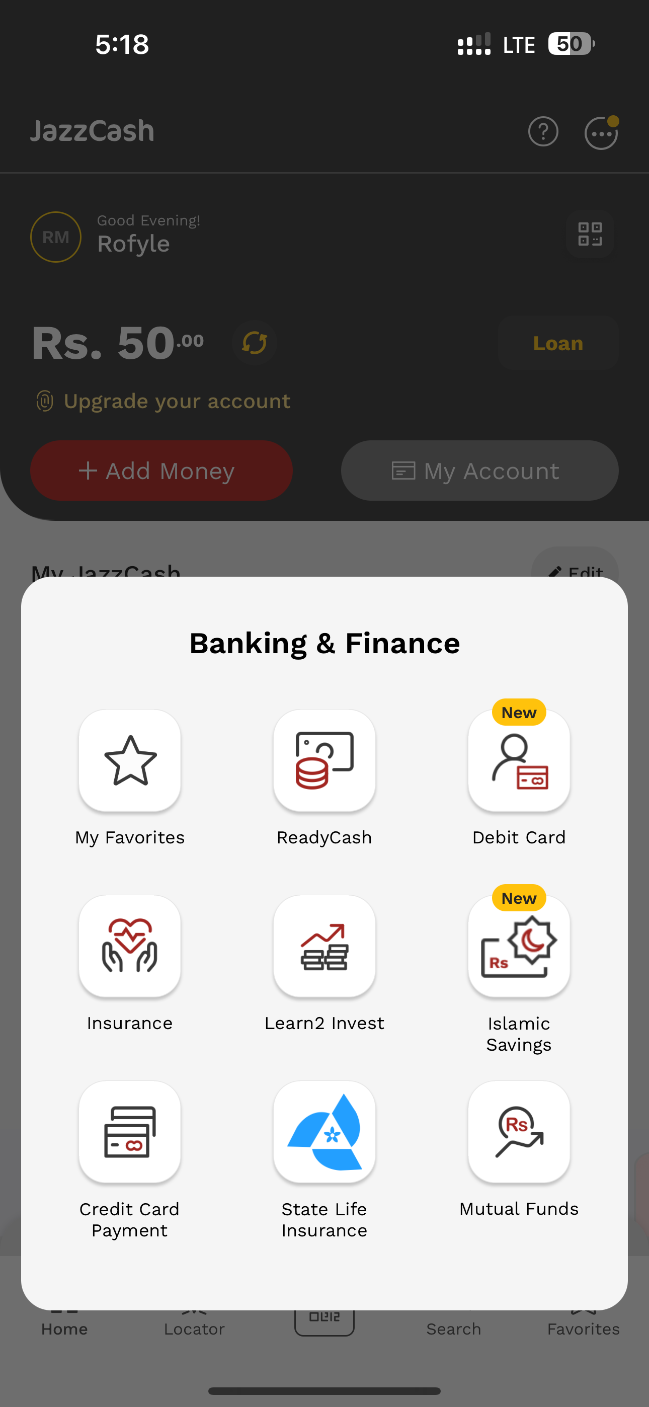 The Banking and Finance popup, scrollable with no visual cue, burying its last two features