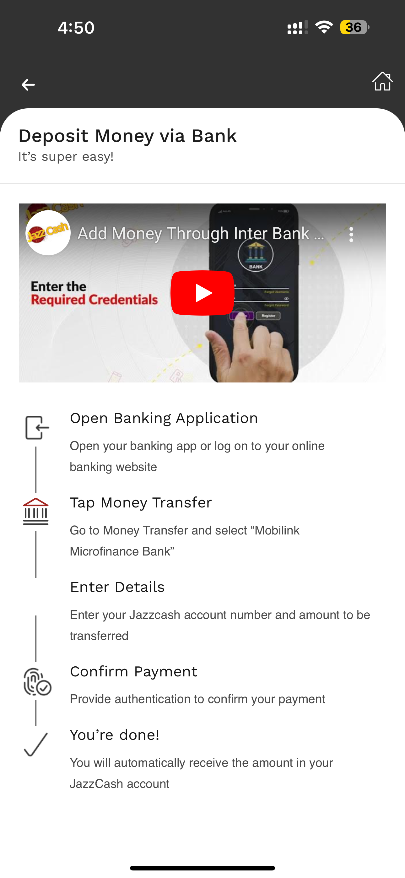 Deposit money via bank, explained as a five step list beside an embedded video