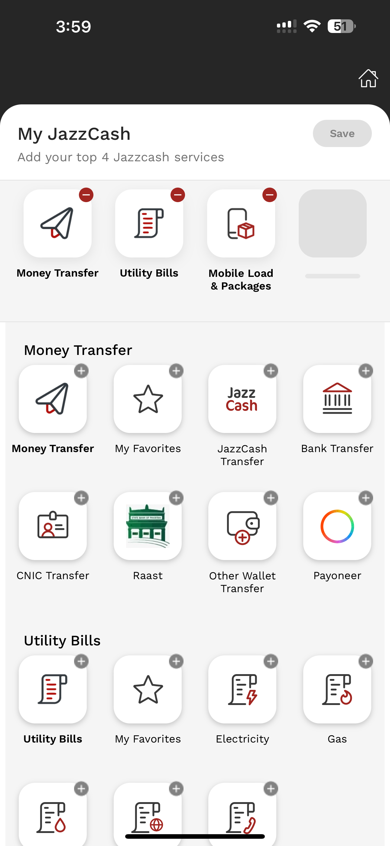 Editing the My JazzCash shortcut grid, with pixelated grey add icons and red remove badges
