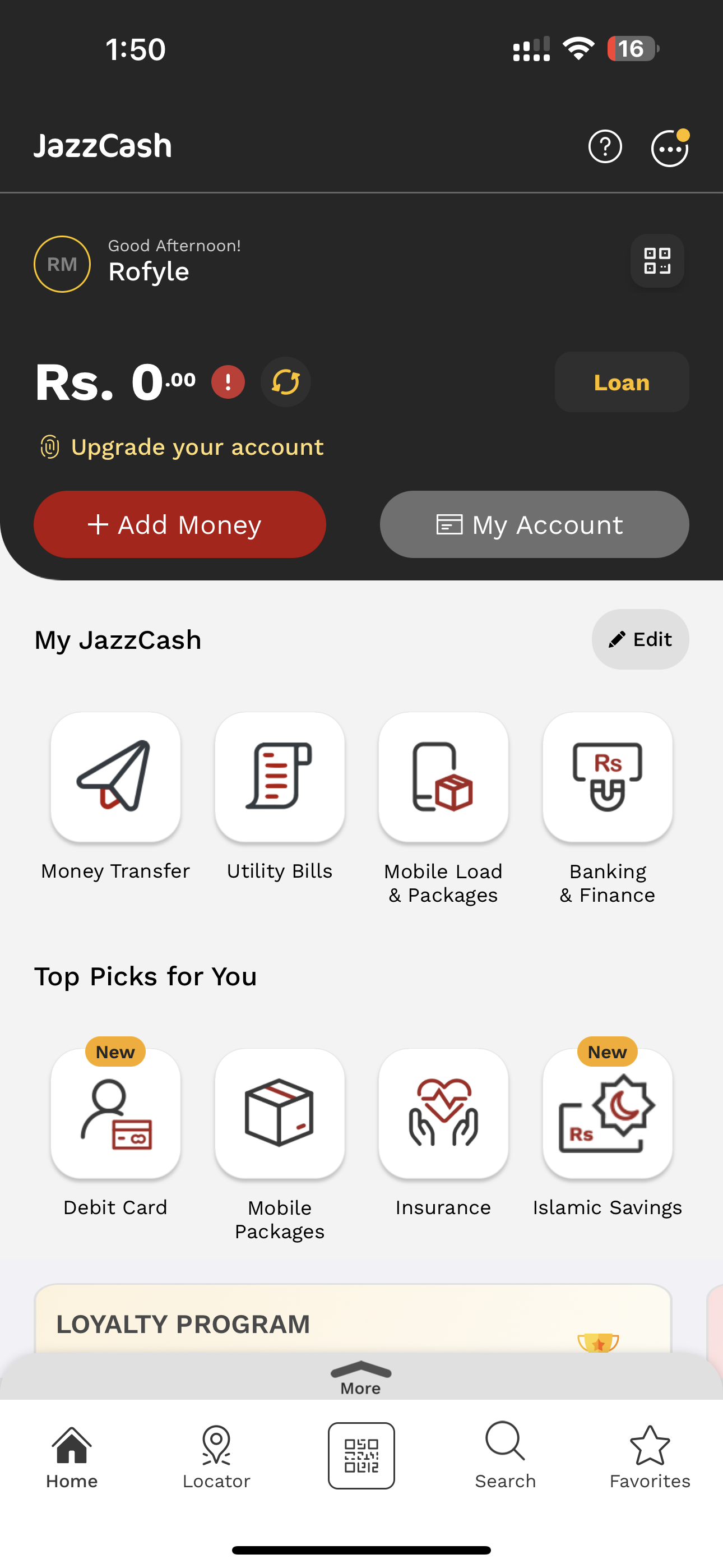The current JazzCash home screen: a service grid, top picks and a loyalty banner above a hidden more slider