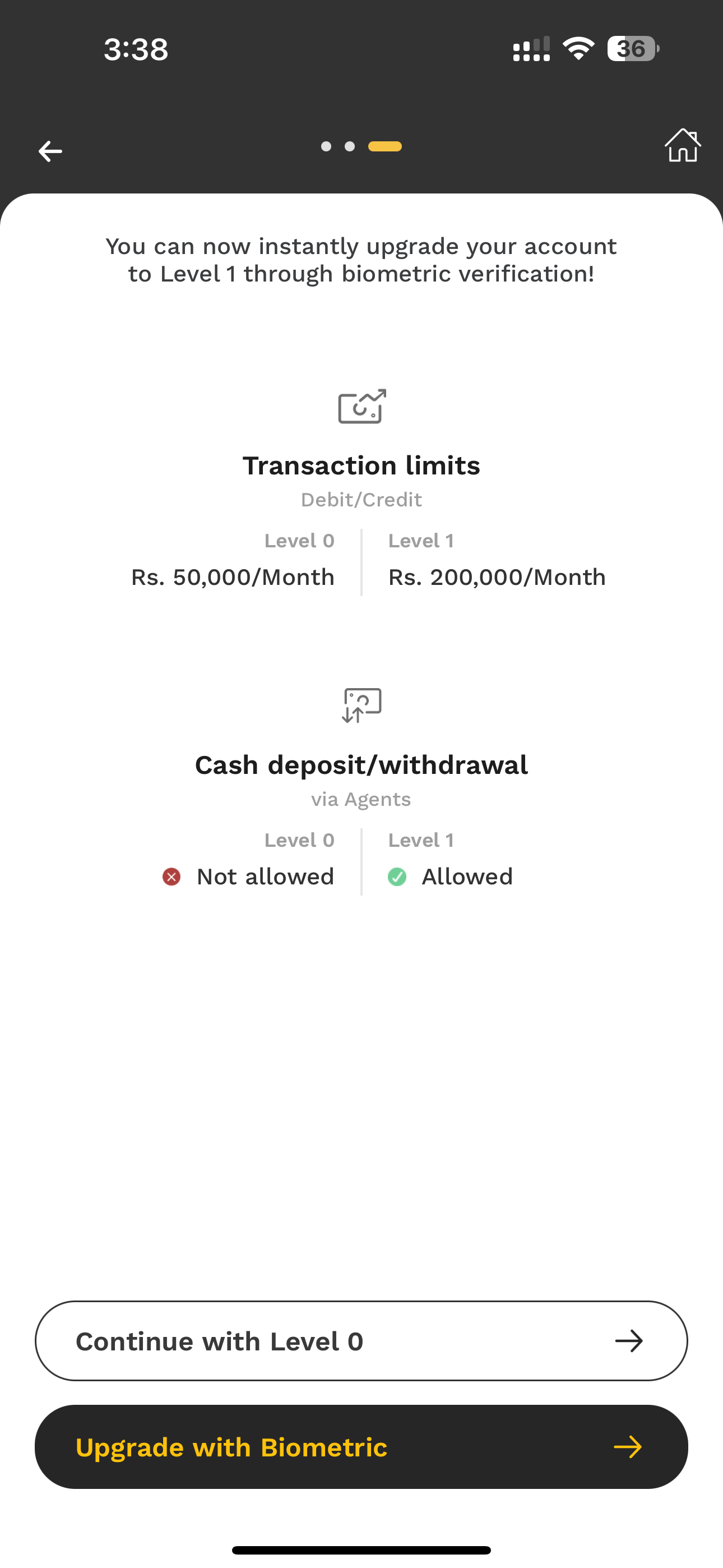 A transaction limits screen explaining Level 0 and Level 1 accounts