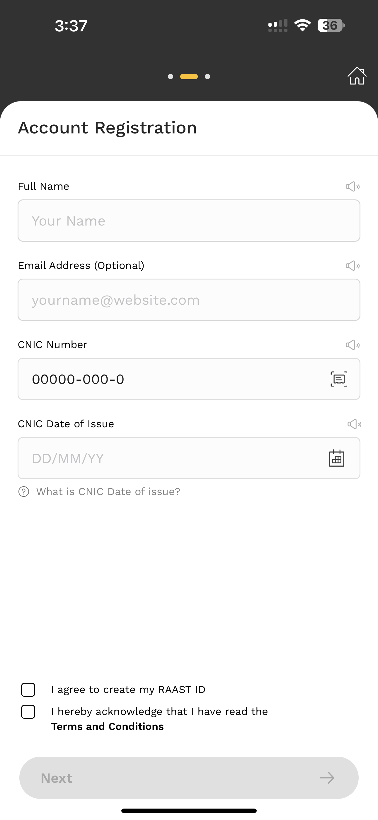 Account registration with a pre-filled CNIC number that has to be deleted first