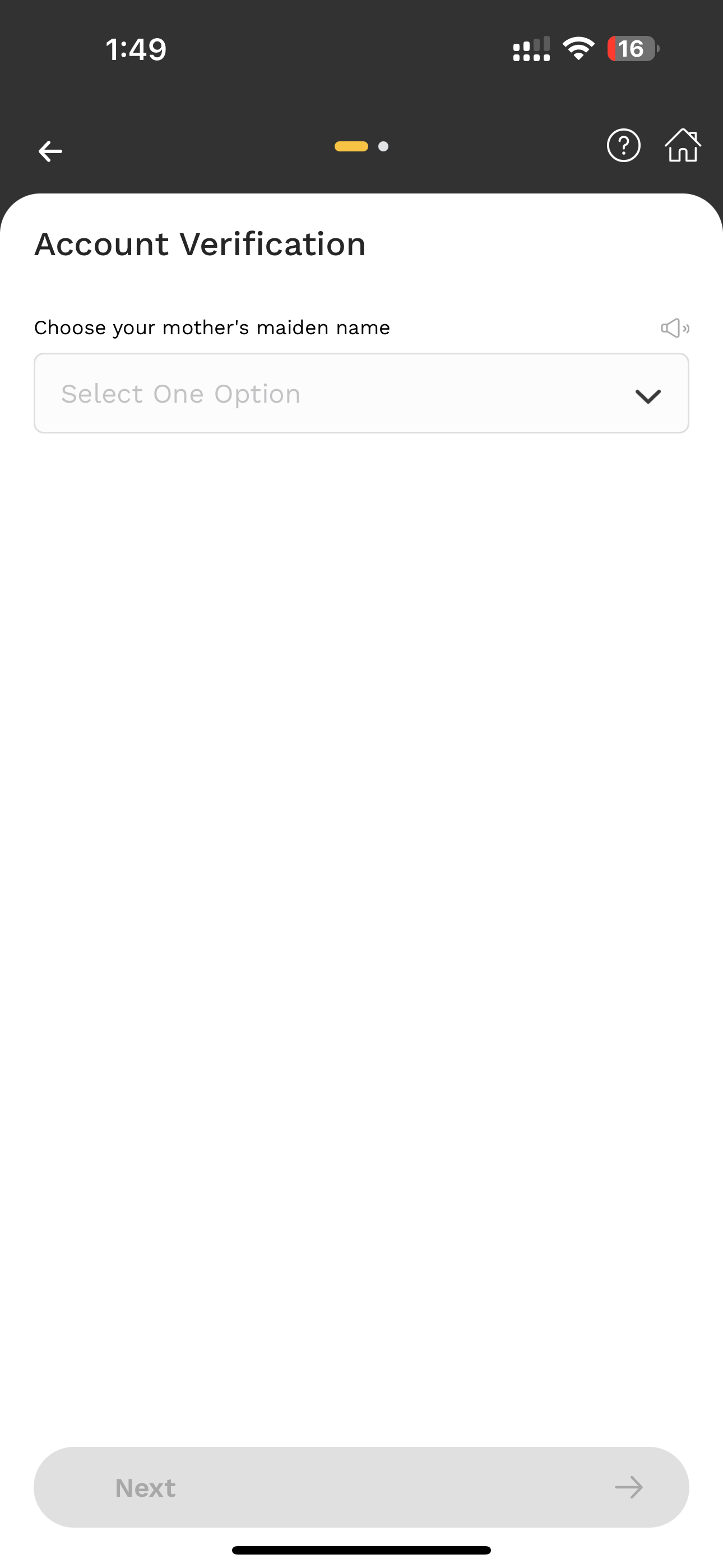 Account verification asking for a mother's maiden name, with the Next button greyed out