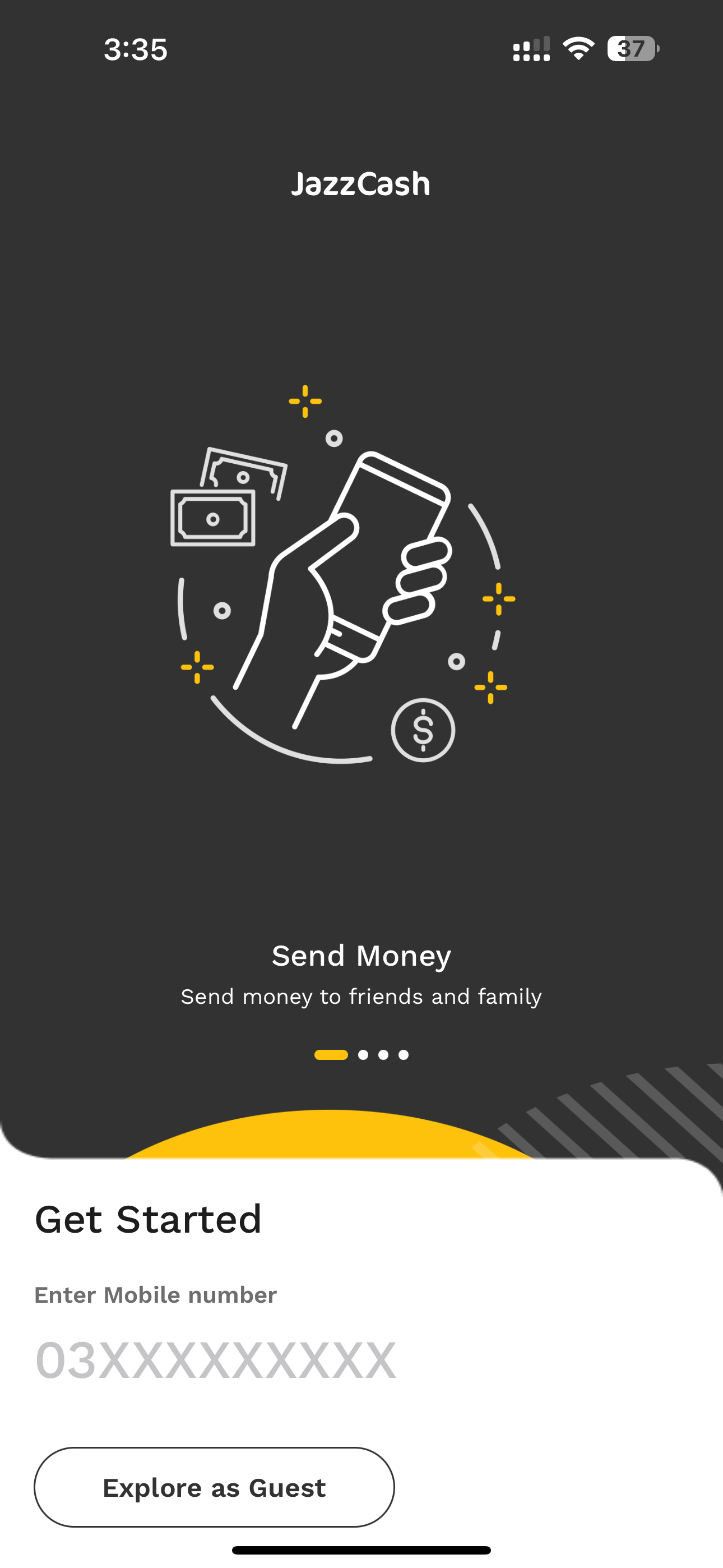 The first JazzCash screen: a mobile number field and no welcome or sign-in choice