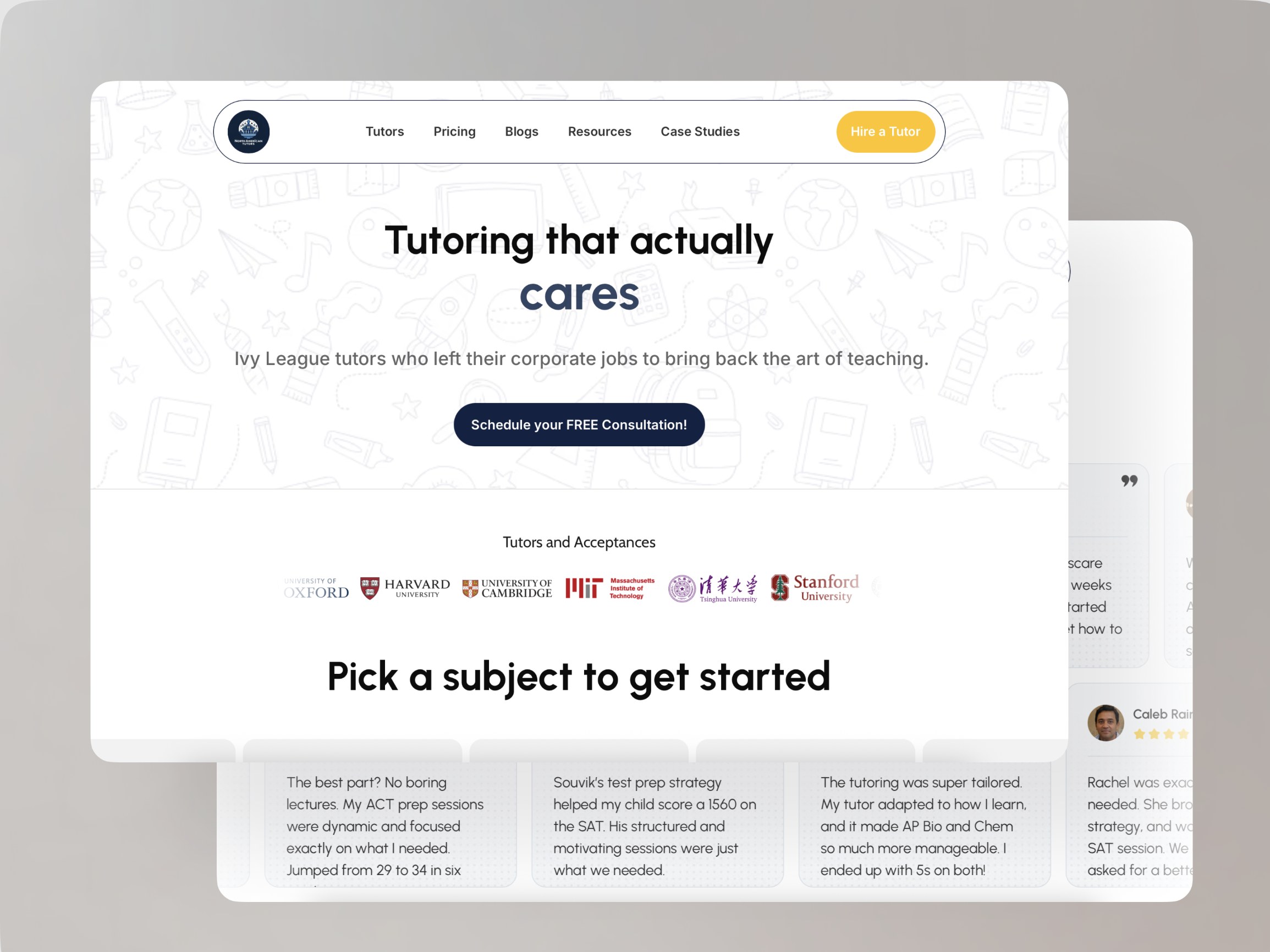 The homepage hero beside the testimonial wall, showing the proof strip of university logos