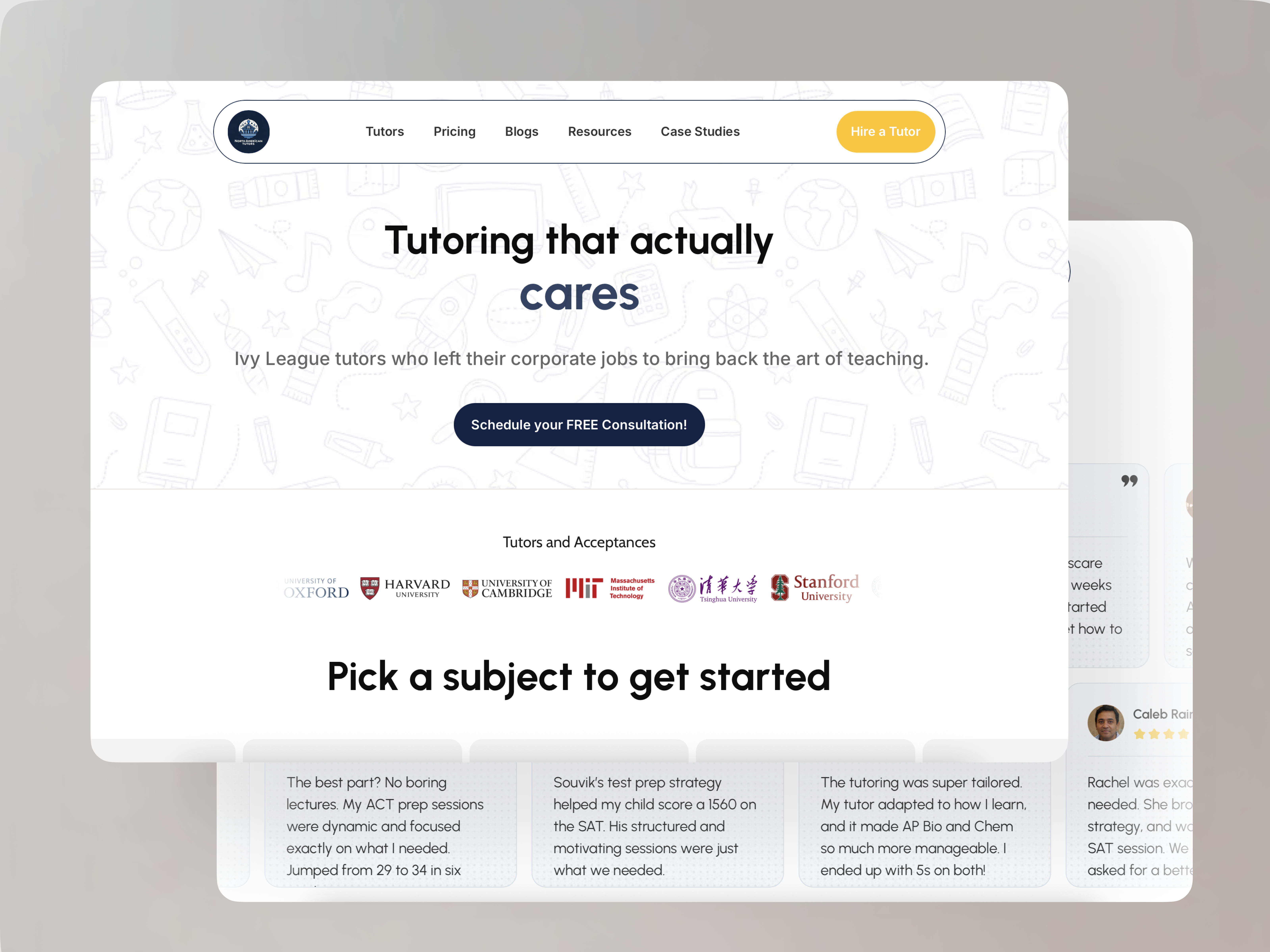 The homepage hero beside the testimonial wall, showing the proof strip of university logos