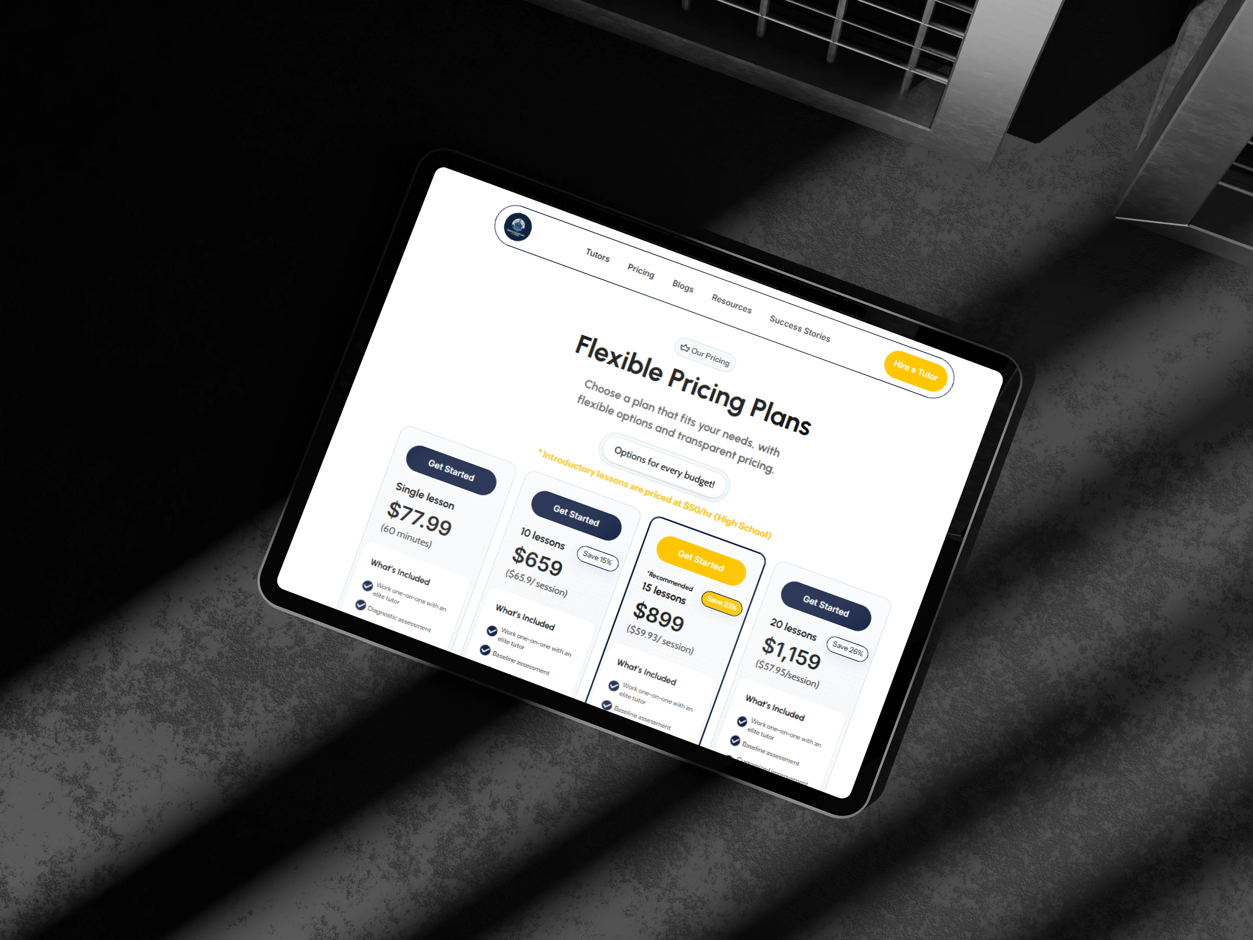 The flexible pricing page on a tablet, four packages with per-session costs and savings