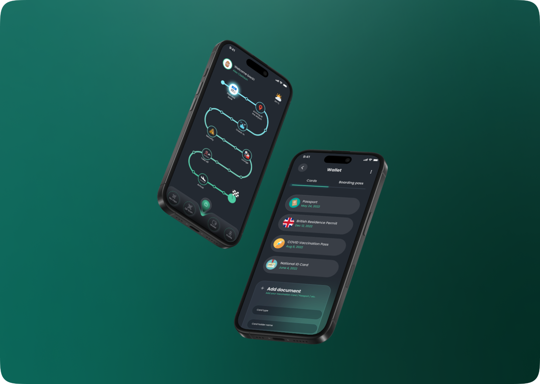 The passenger app, the journey home screen and the document wallet on two phones