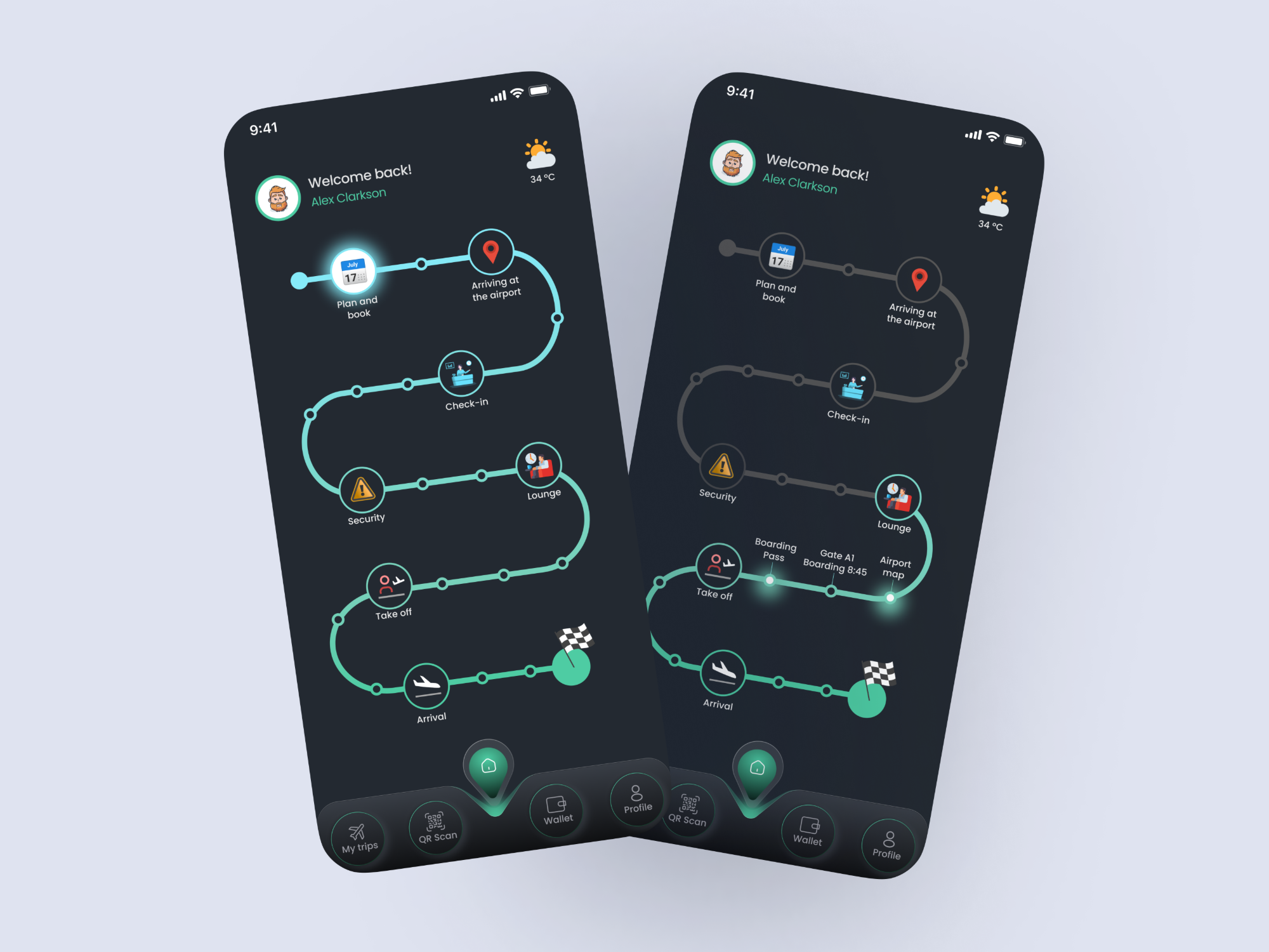 The home screen before and during the trip, the journey path with steps completed, active and upcoming