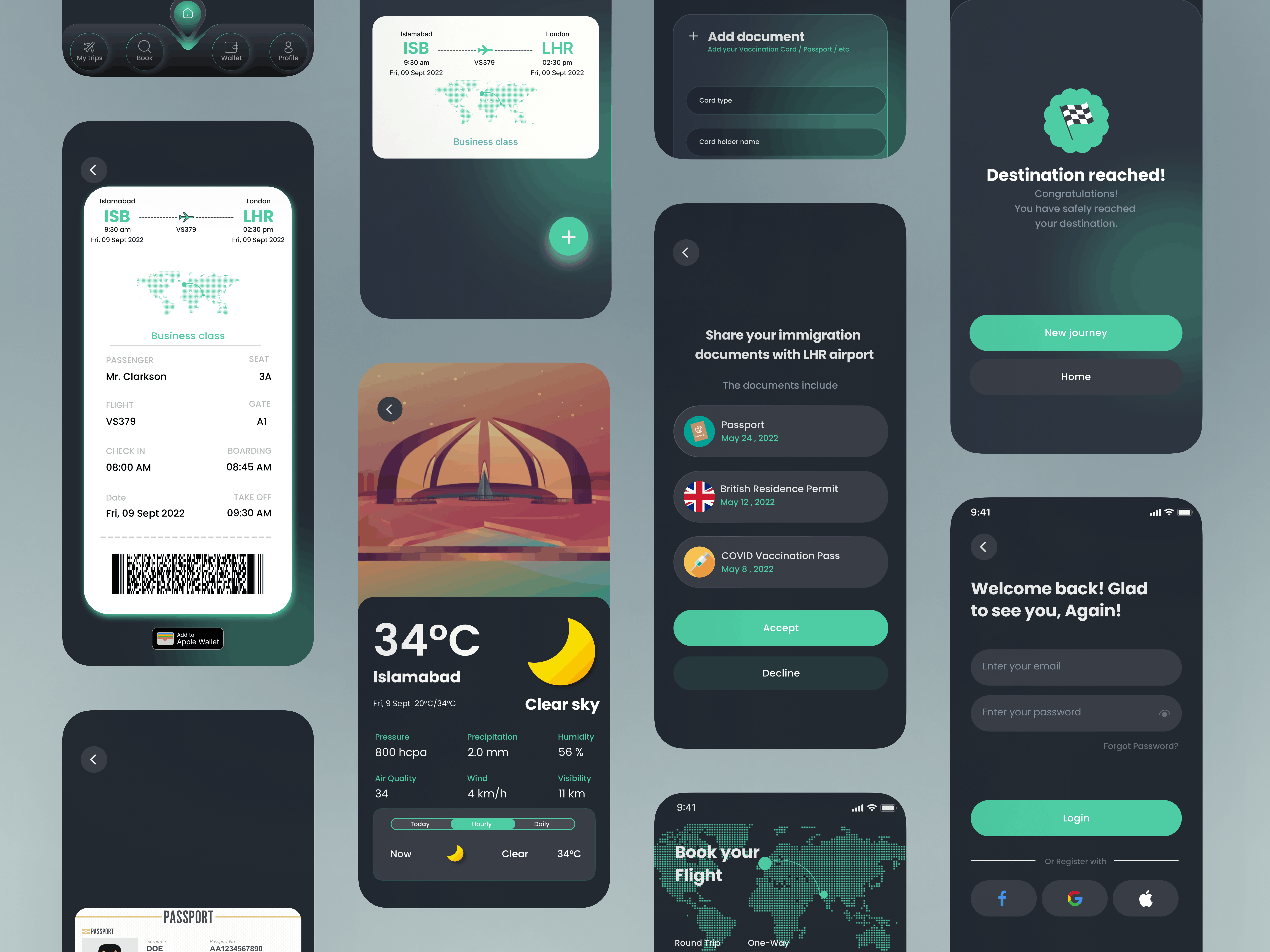 A selection of screens, boarding pass, booking, add document, immigration consent, weather, login, and the destination reached state