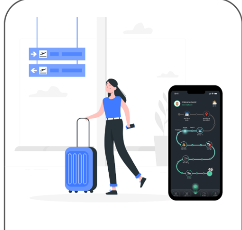 Storyboard frame 2: She enters the terminal. The app already shows which check-in desk to go to.