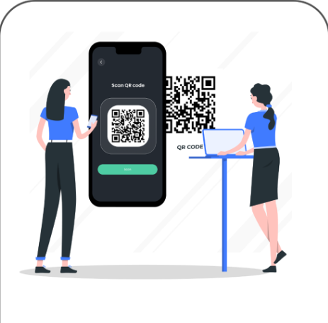 Storyboard frame 4: The desk asks her to scan the QR code on the counter. She does it from the wallet beside the check-in step.