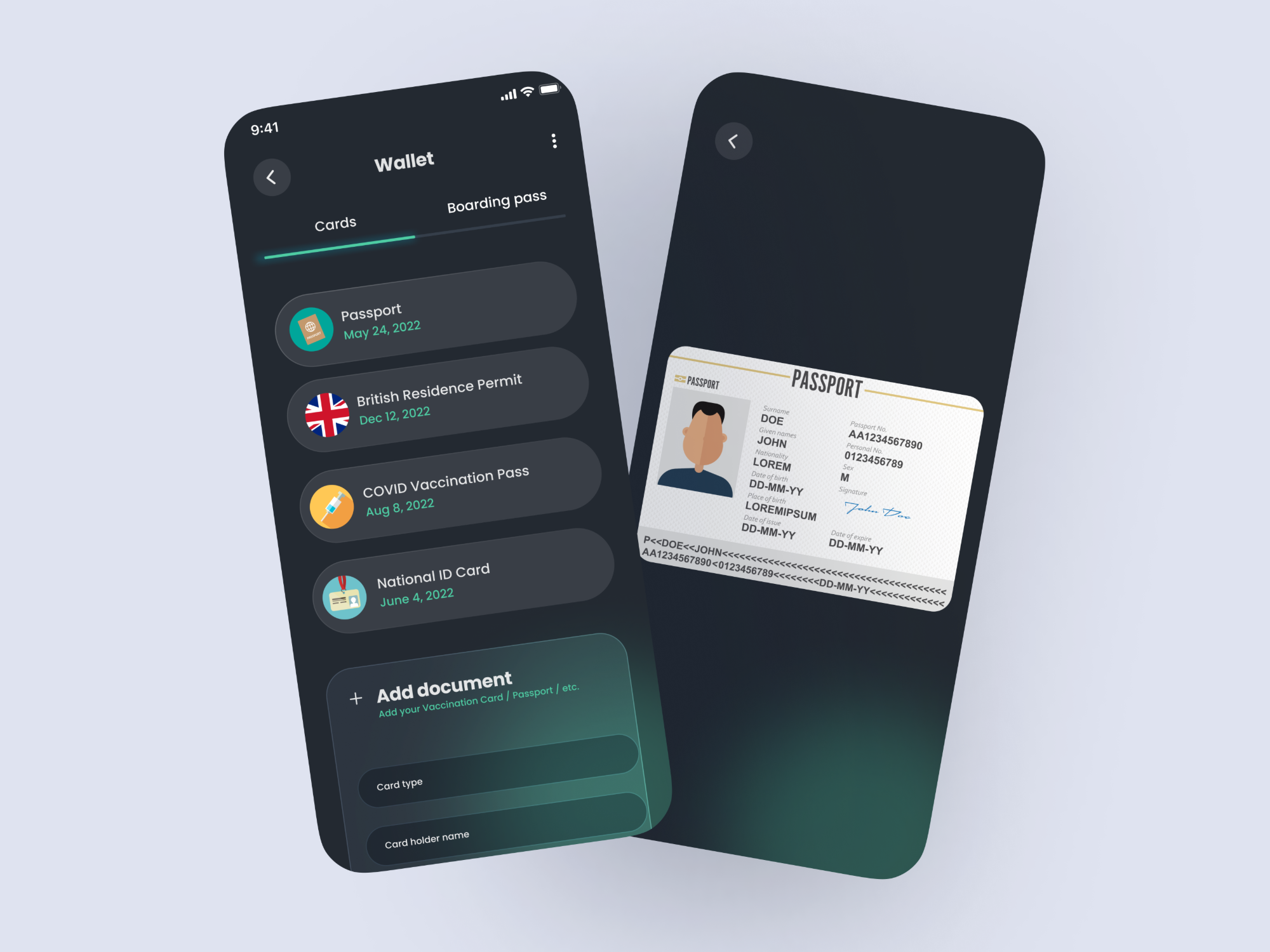 The wallet, saved cards with expiry dates, the add-document form, and a stored passport opened full screen