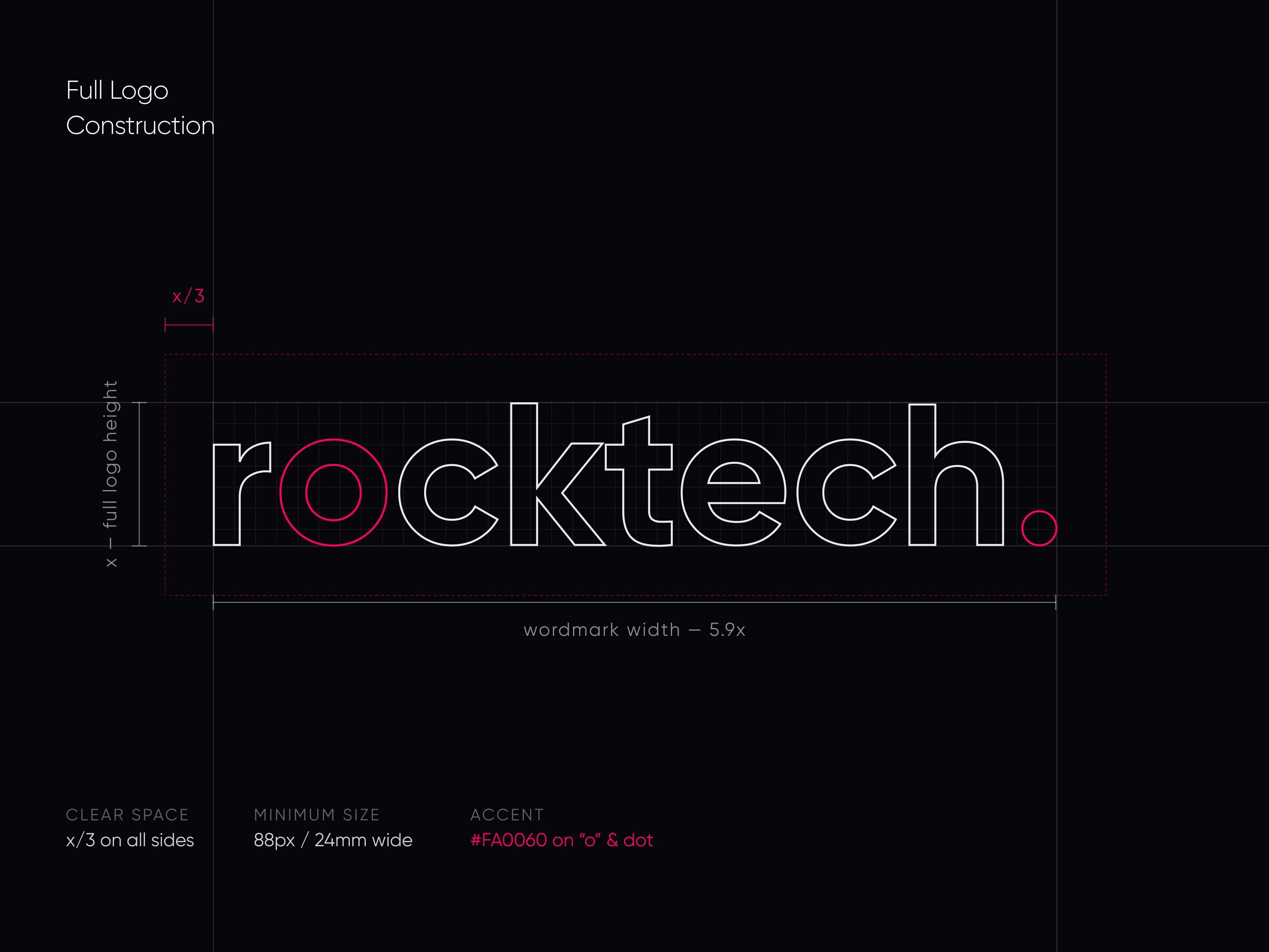 Logo construction, the Rocktech wordmark with clear space at x over 3, minimum size 88px, and the accent on the o and the dot