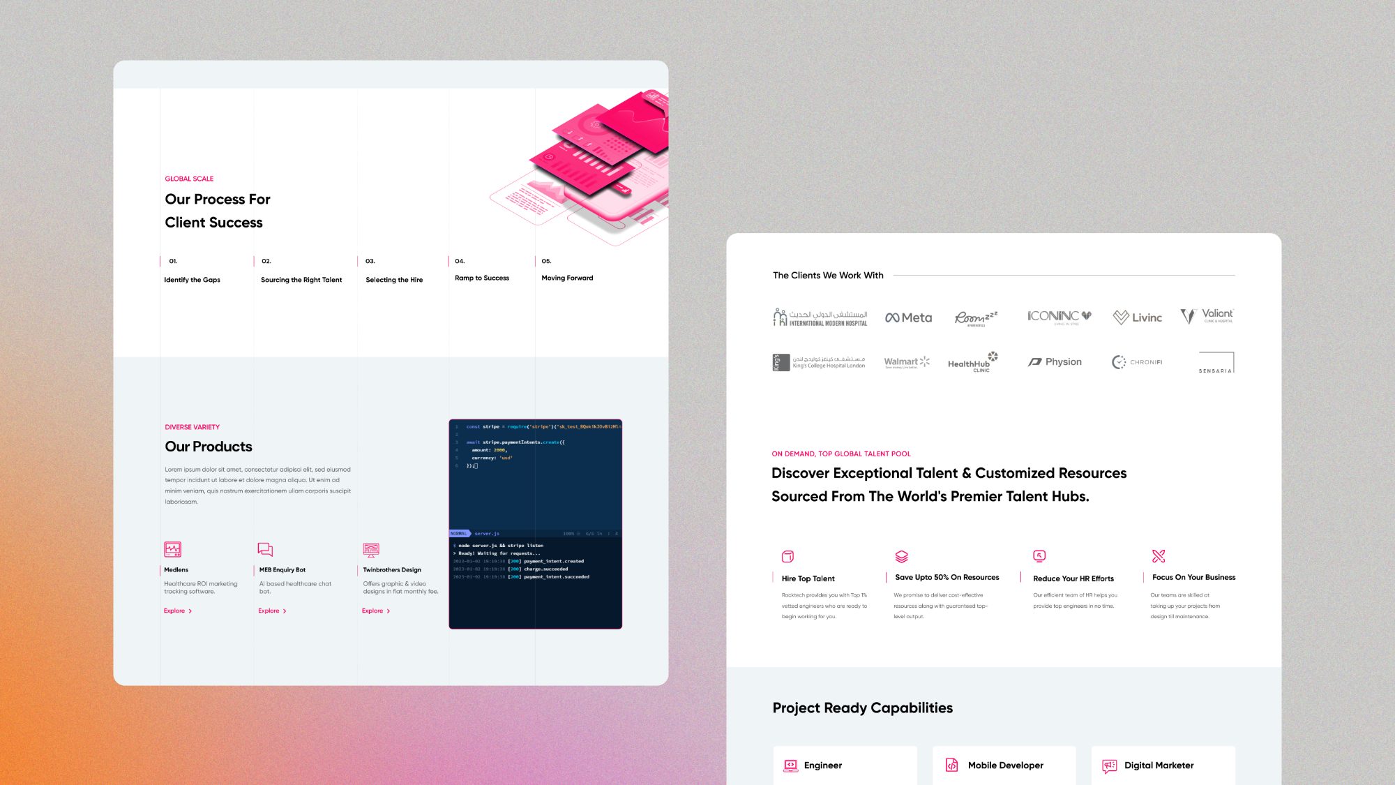 Site sections, the process for client success, products, the client logo wall, and project-ready capabilities
