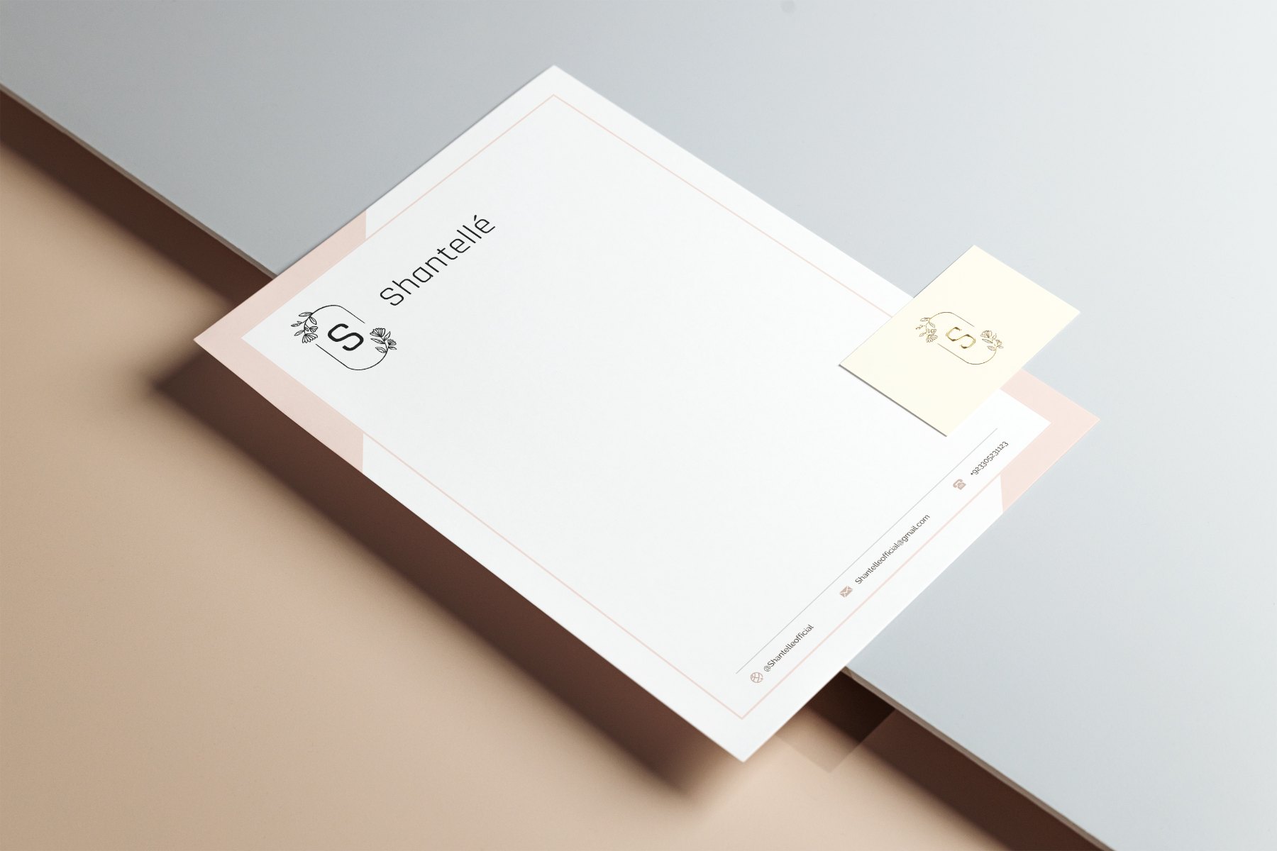 Letterhead and card together, the blush rule and gold foil carried across the set