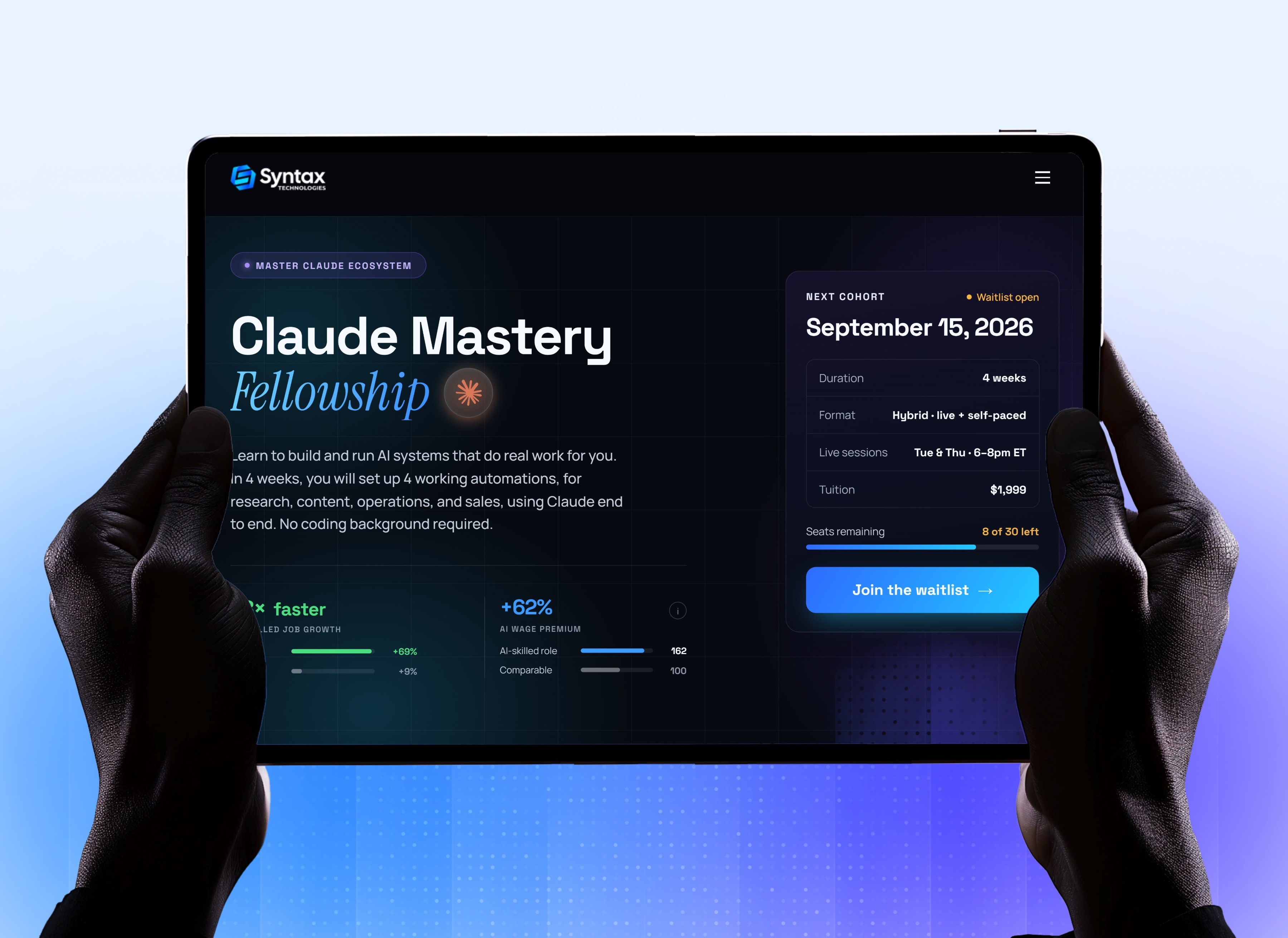 A single course page, carrying its dates, format and tuition alongside the syllabus