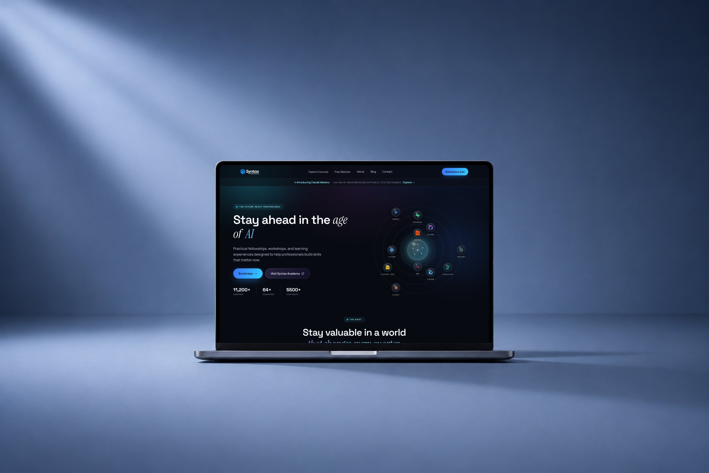 The redesigned Syntax Technologies homepage, the AI stack orbit at its centre