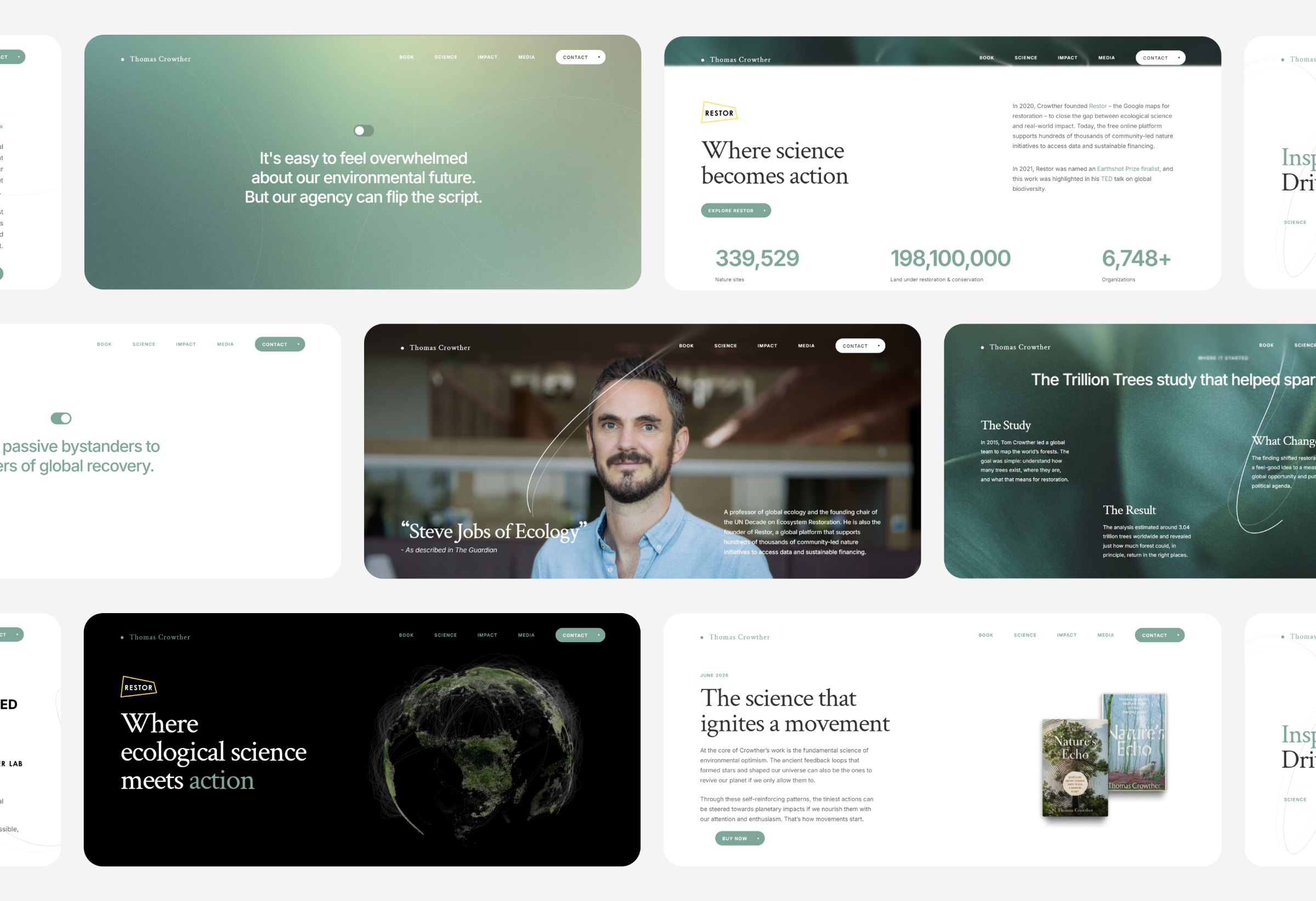 The site in full, opening statement, Restor impact figures, founder portrait, the Trillion Trees study, and the book release