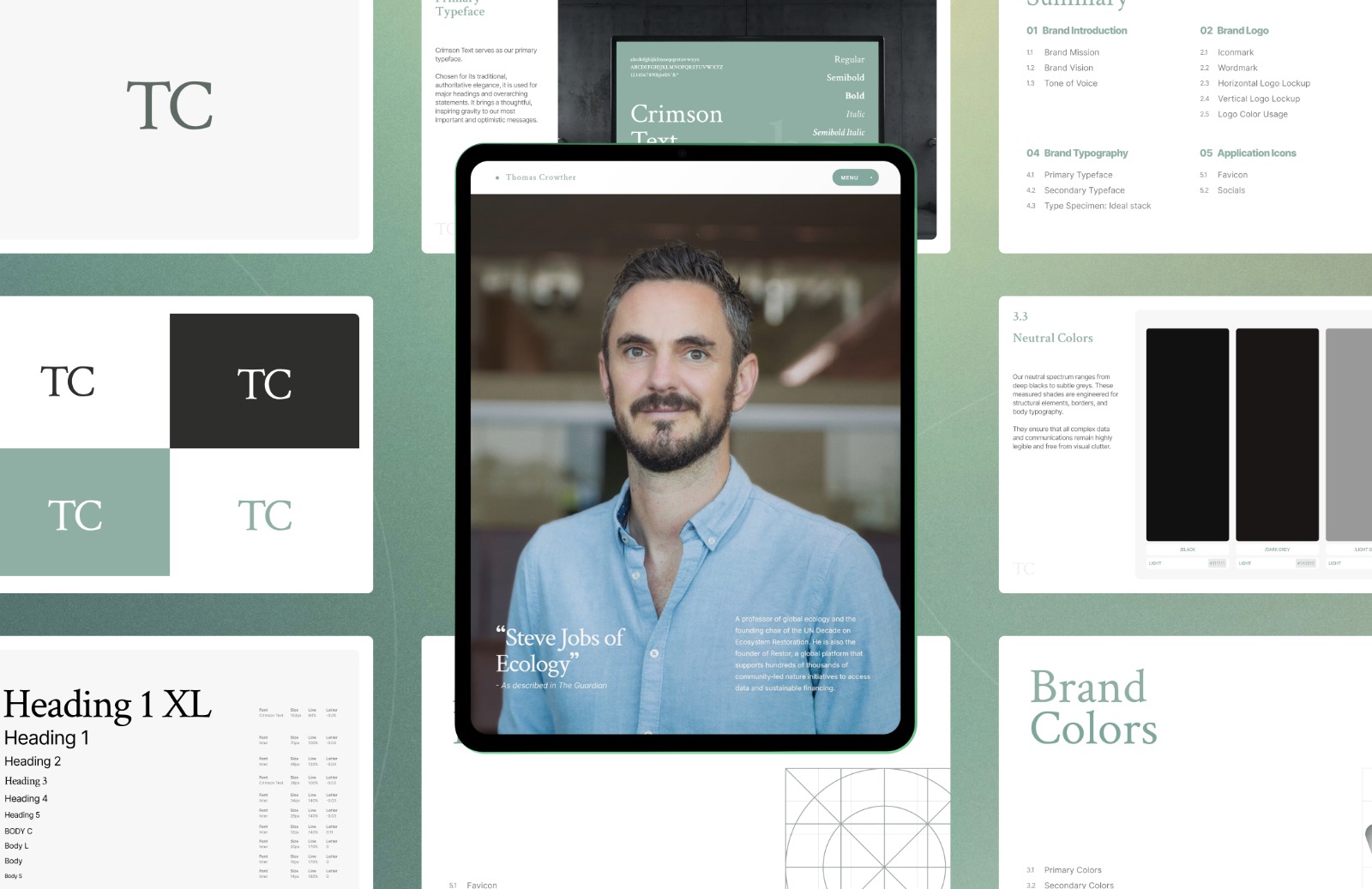 Brand guideline spreads, logo construction, type scale, palette, and image treatment