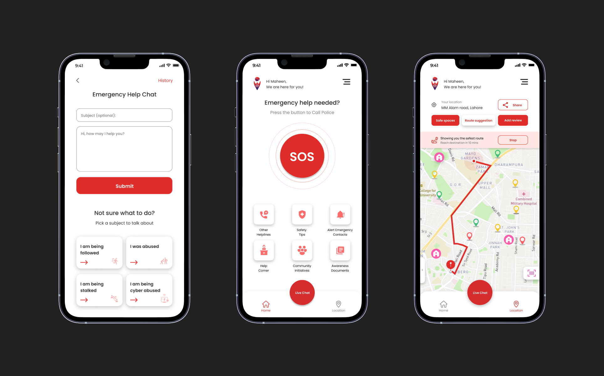 The redesigned app, emergency help chat, home with SOS and the safest route map