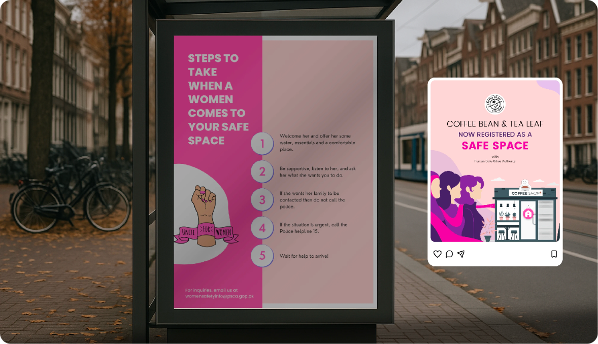Bus stop poster with steps to take when a woman comes to your safe space, beside a social post announcing a registered Safe Space