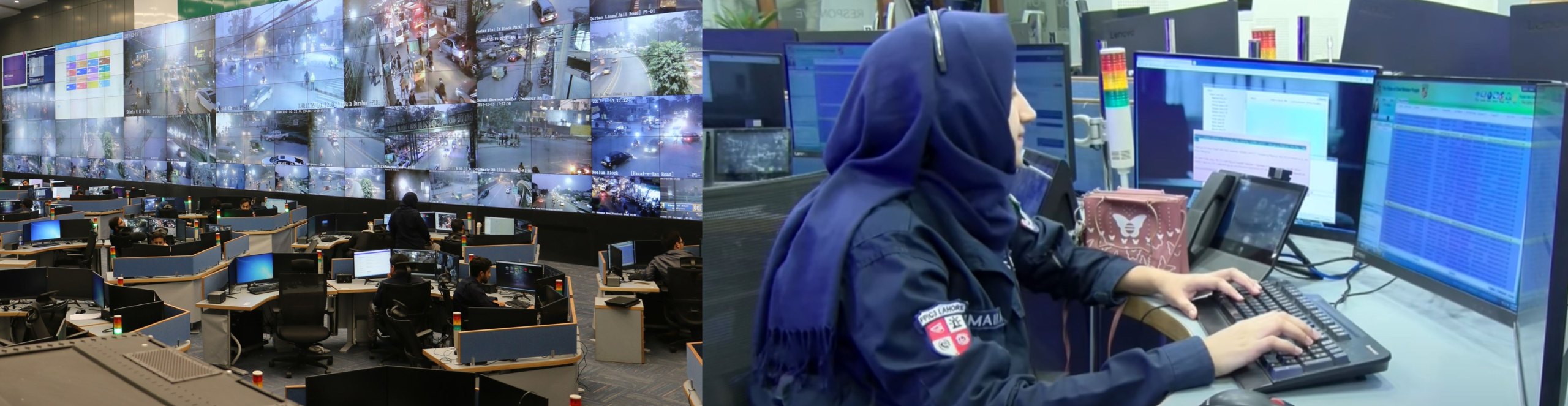 Inside the PSCA command centre, a wall of live city camera feeds and a female operator working the safety helpline