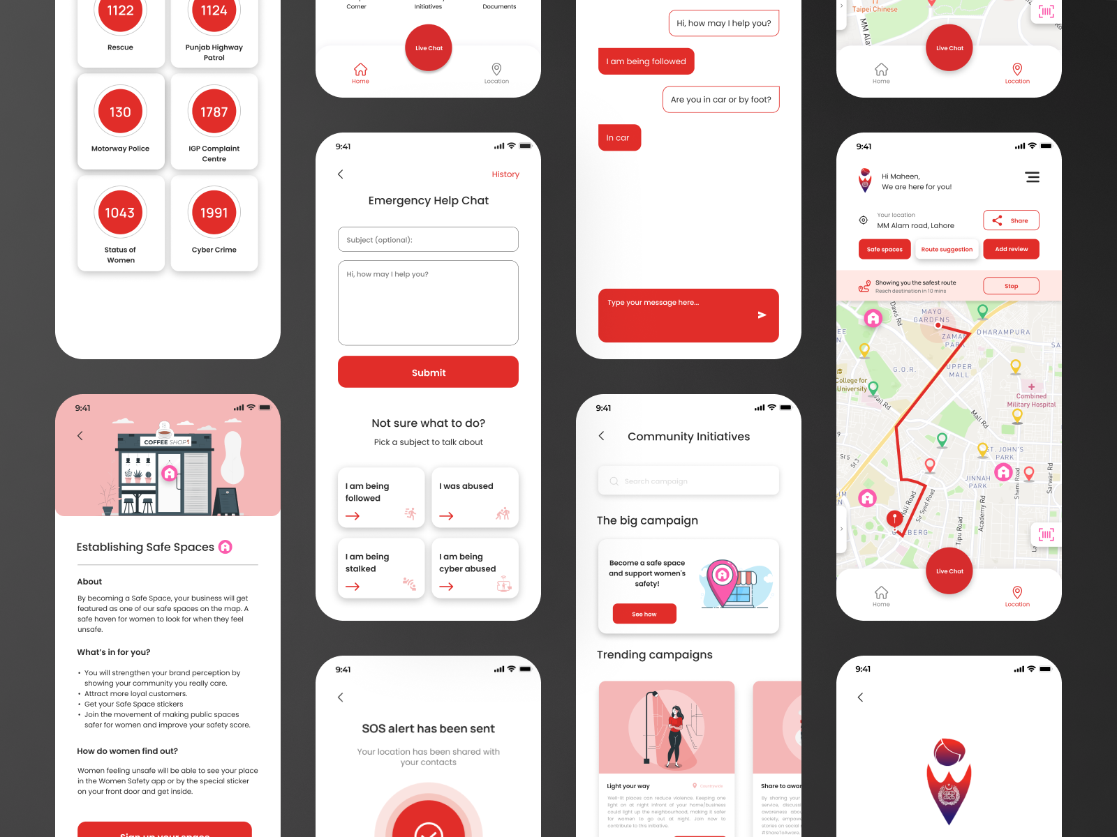 Final high fidelity screens, helplines, emergency help chat, safe space sign up, community initiatives and safest route map