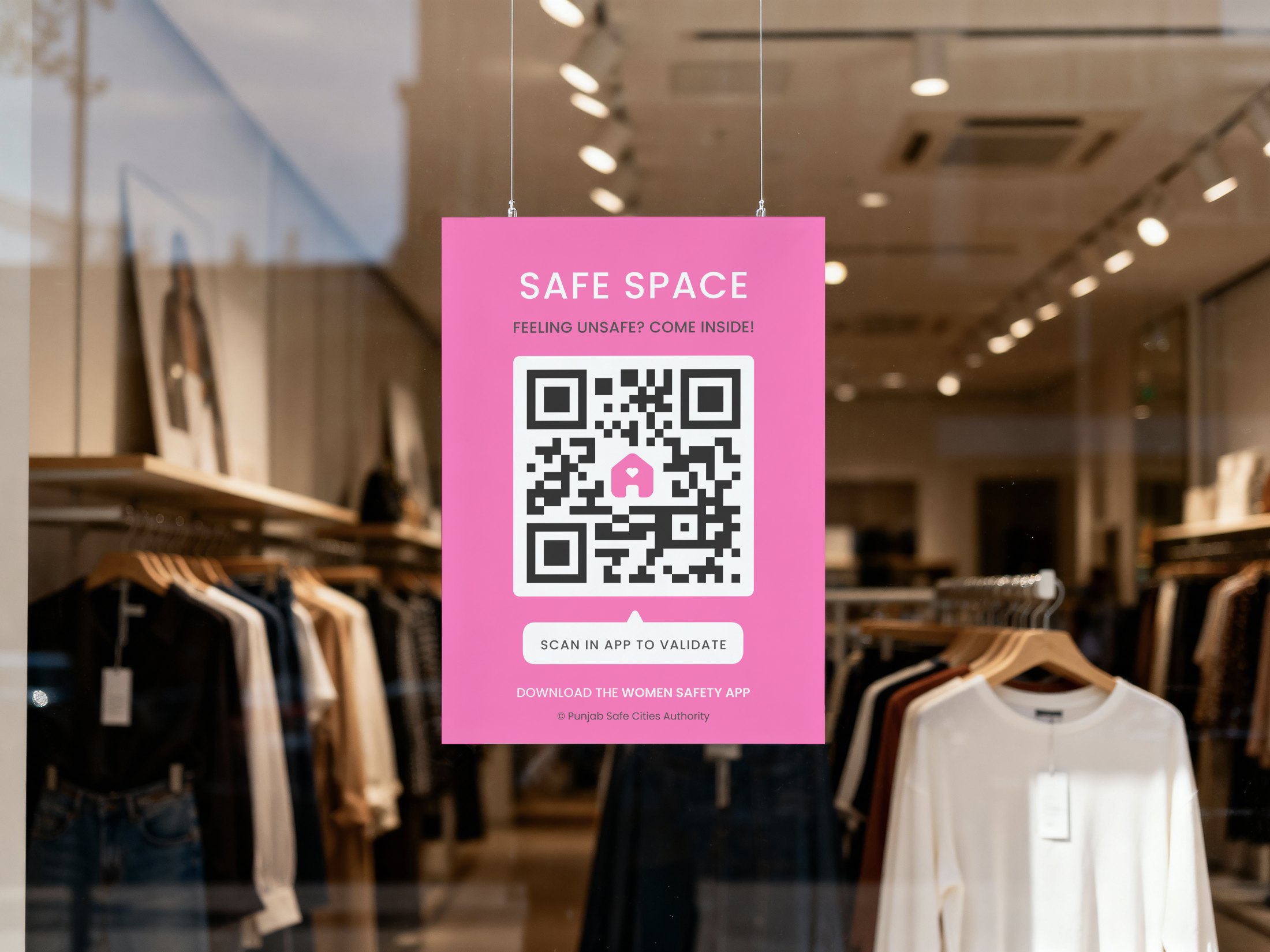 A Safe Space poster with a QR code hanging in a lit shop window