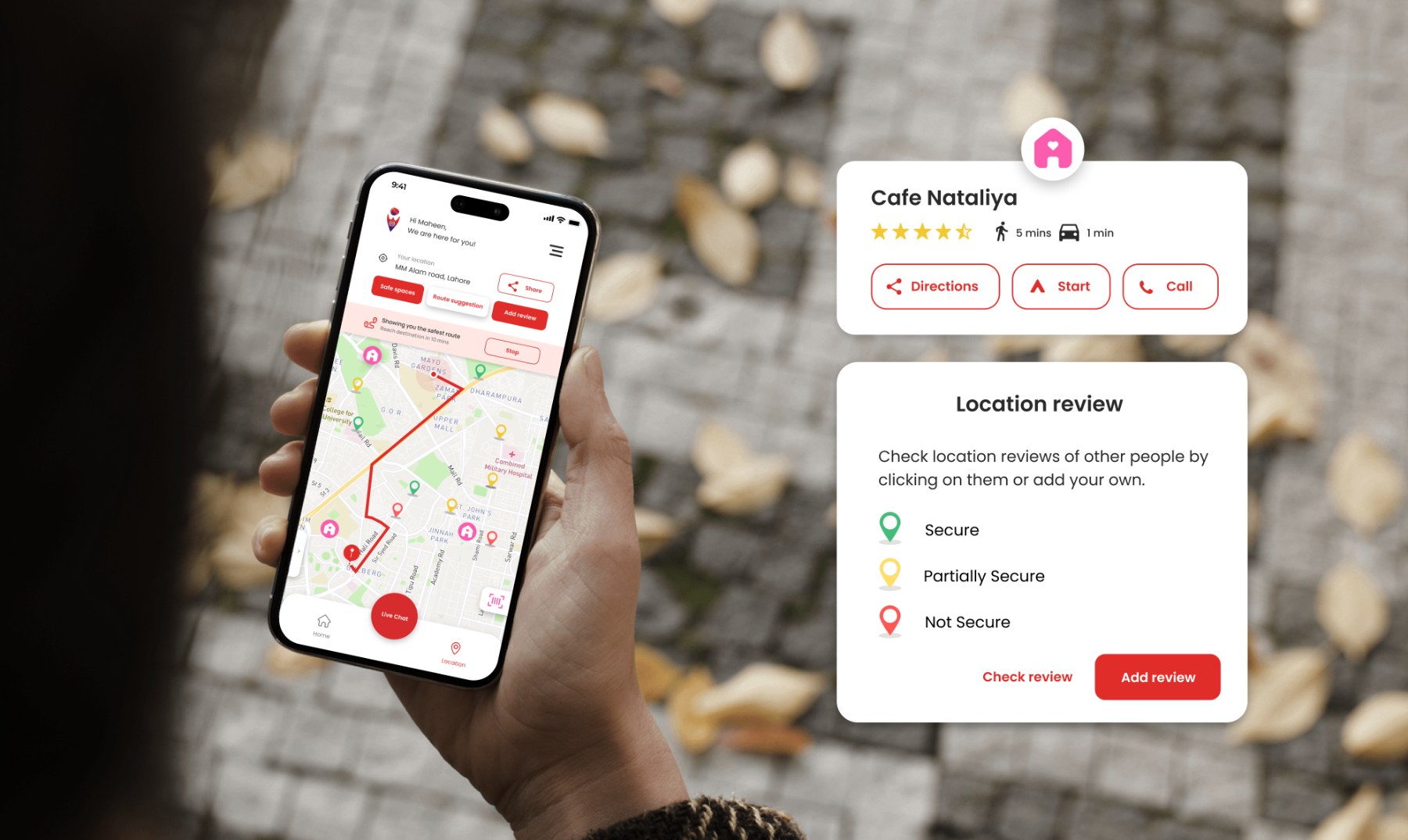The safest route on the map with Safe Space pins, a location card for Cafe Nataliya and the location review legend