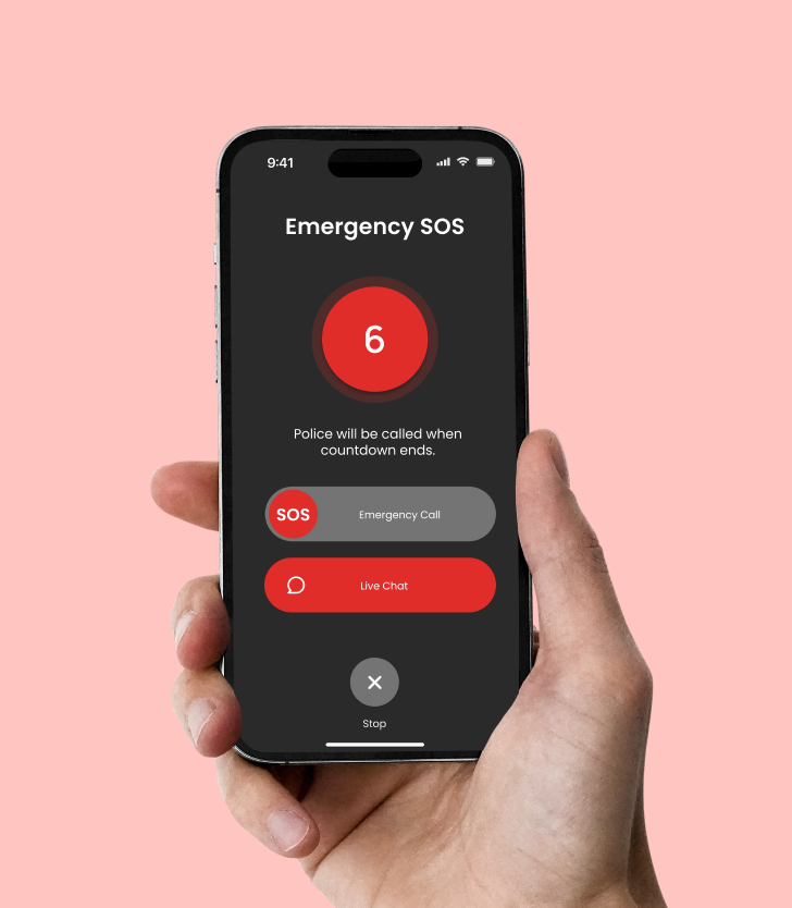The Emergency SOS countdown in hand, police called when the countdown ends, with emergency call and live chat below
