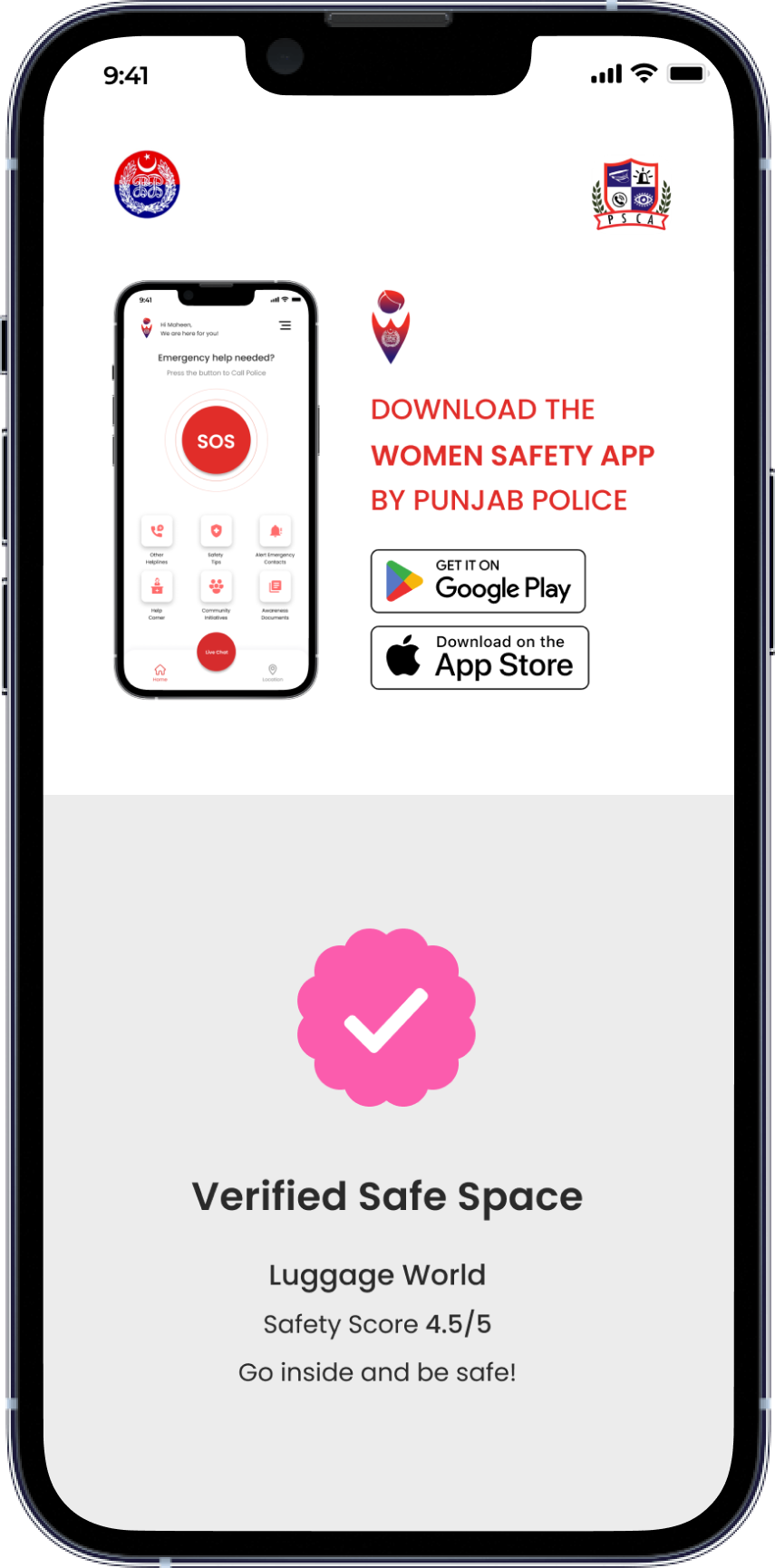 Verified Safe Space, Luggage World, safety score four and a half out of five